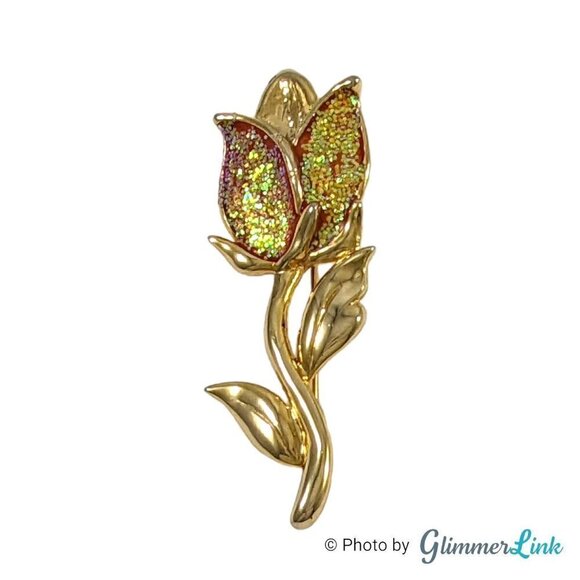 Vintage Glitter Enamel Tulip Flower Gold Tone Brooch - Picture 1 of 6
